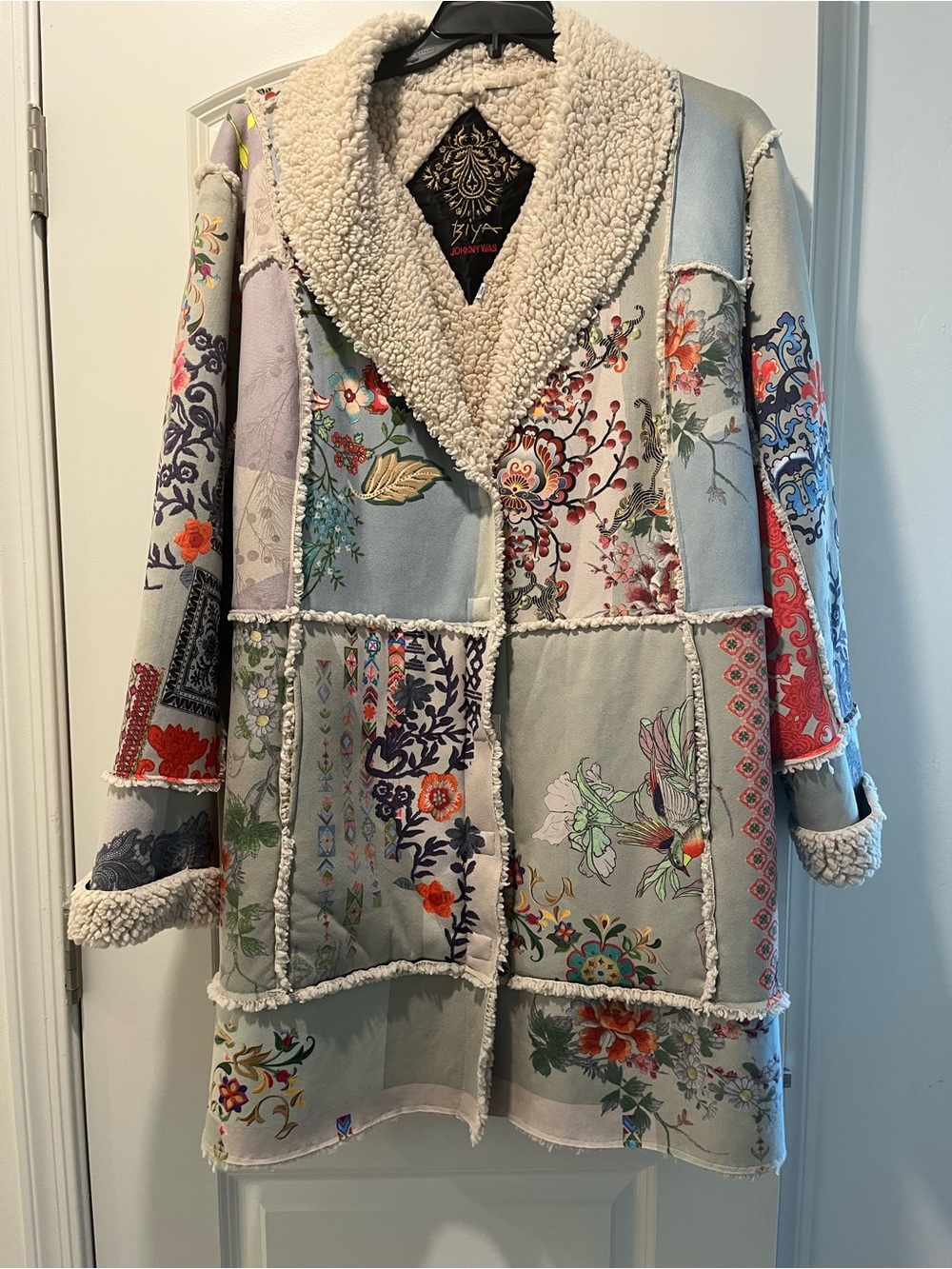 Johnny Was Light Blue Patchwork Floral Teddy-Trim Jacket